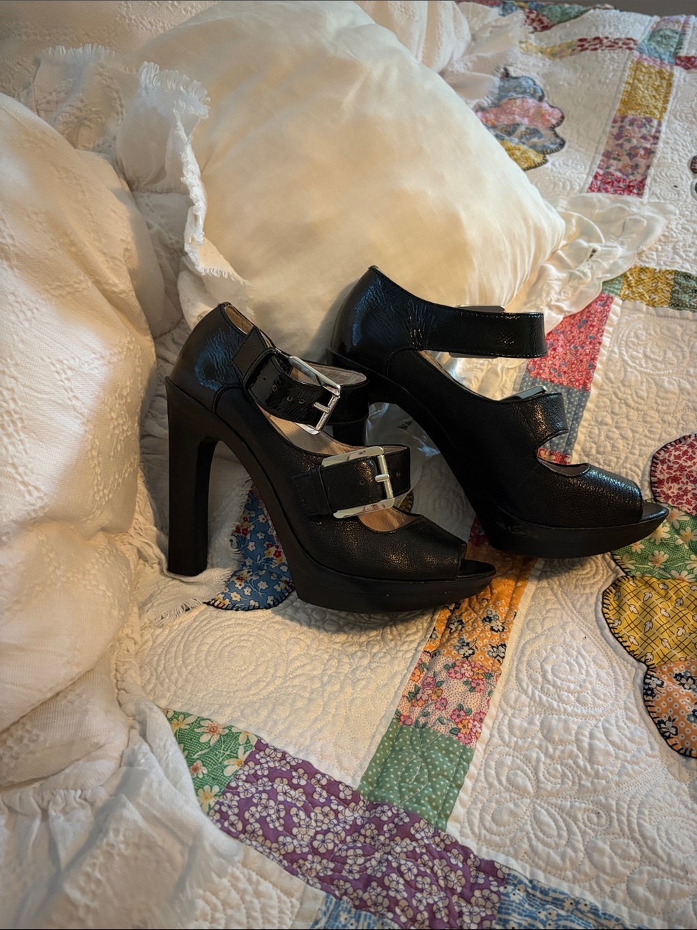 Michael Kors Black Leather Platform Mary Jane Heels with Silver Buckles